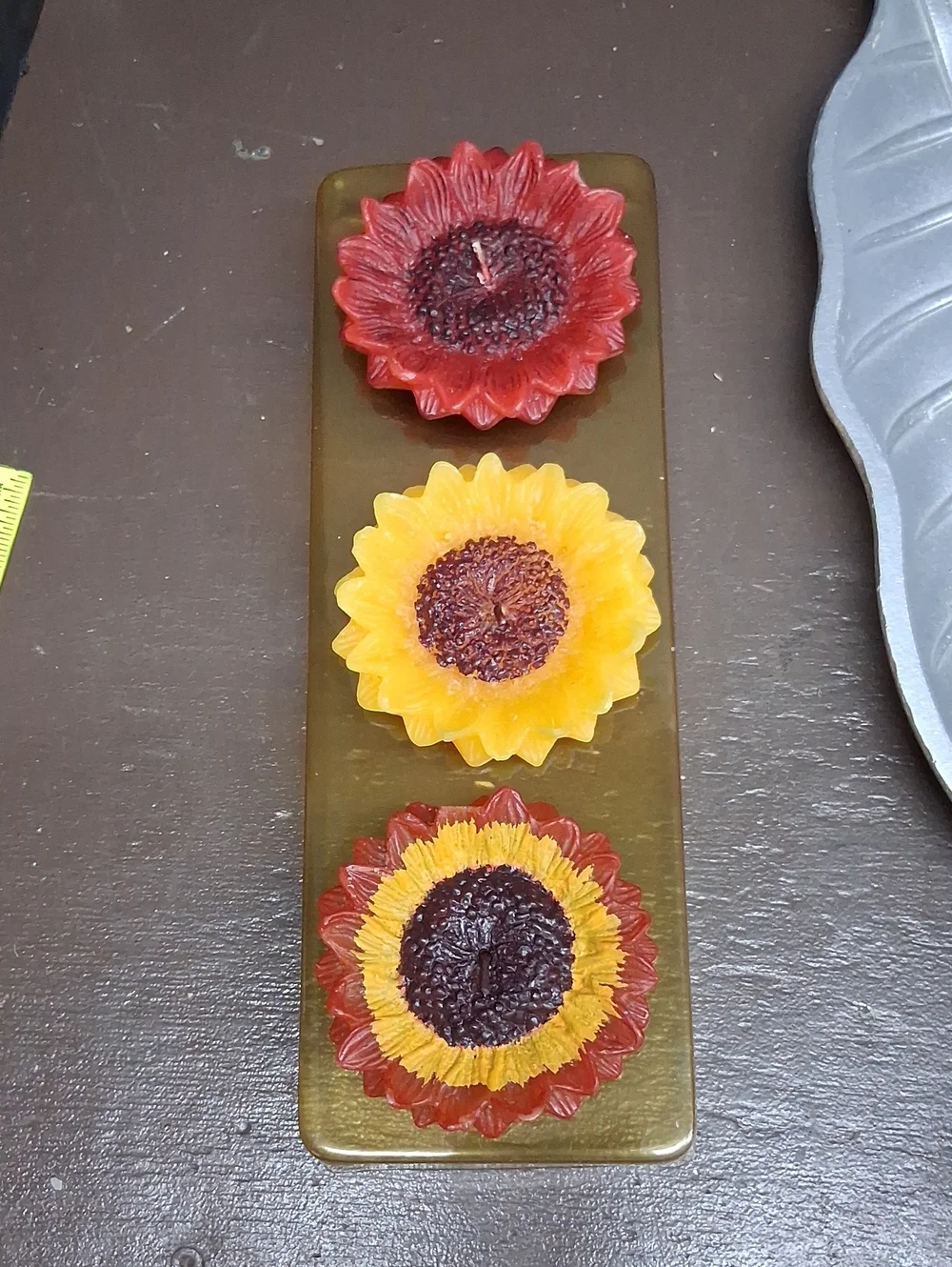 Fall leaf candle arrangement in silver tray & floating sunflower candles